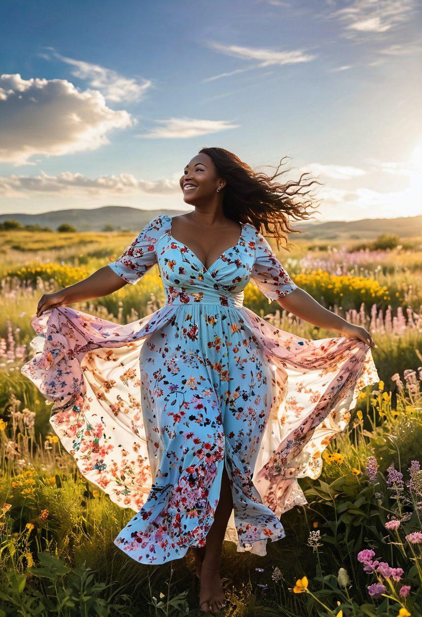 A confident woman celebrating her curves, standing in a sunlit meadow surrounded by wildflowers. She wears a flowing, colorful dress that accentuates her silhouette, with a radiant smile showcasing her empowerment. In the background, a soft, pastel-colored sky enhances the feeling of joy and acceptance. Incorporate elements like butterflies fluttering around to symbolize freedom and growth. vibrant colors. super-realistic.