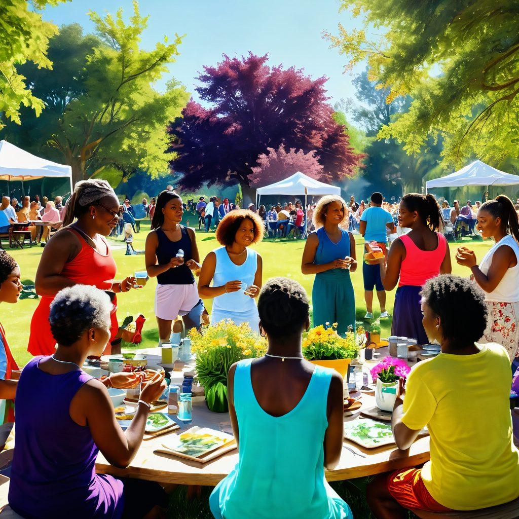 A vibrant community gathering in a sunlit park, featuring diverse individuals engaging in various self-expression activities such as painting and dancing. In the foreground, a group is sharing wellness tips over herbal teas, with plants and flowers surrounding them. The atmosphere is warm and inviting, showcasing a beautiful blend of cultures with colorful clothing and happy expressions. super-realistic. vibrant colors. 3D.